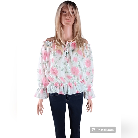 PIink floral design, off the shoulder blouse - Picture 2 of 8